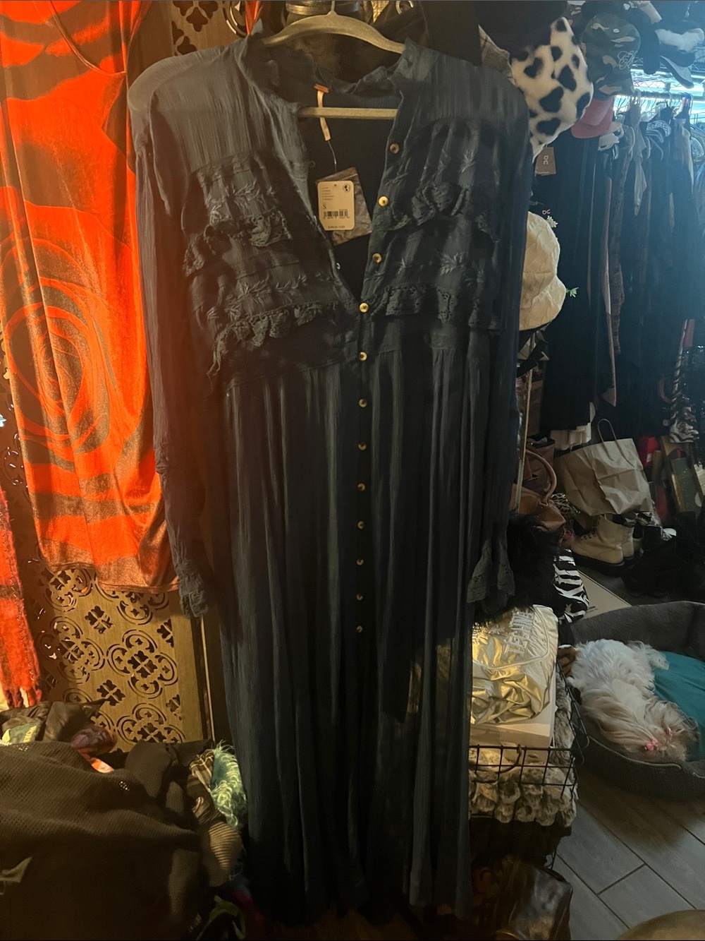 Free People Navy Textured Button-Front Maxi Dress